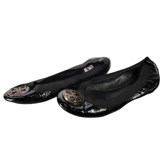 Tory Burch Size 6 Logo Black Caroline Patent Leather Workwear Flats - Picture 2 of 4